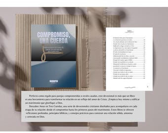 May include: A blue and white book cover with the title "Compromiso, Una Cuerda" and the text "Para Alcanzar Para El Amor Divino En El Matrimonio". The book cover also features a rope symbol and the word "HOPE".