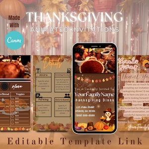 Könnte beinhalten: Animierte Thanksgiving-Einladungsvorlage mit festlichem Design. Das Design umfasst ein Smartphone, das ein Thanksgiving-Dinner-Bild, ein Menü und einen Detailbereich anzeigt. Die Vorlage ist anpassbar und editierbar.