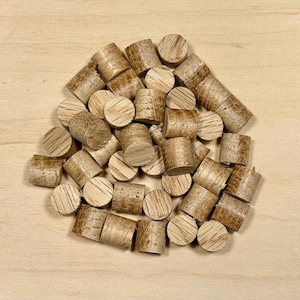 Puede incluir: Un montón de pequeñas espigas de madera cilíndricas con un patrón de vetas de madera natural. Las espigas son de varias longitudes y diámetros, y están esparcidas sobre una superficie de madera de color claro. Los extremos de las espigas son circulares.