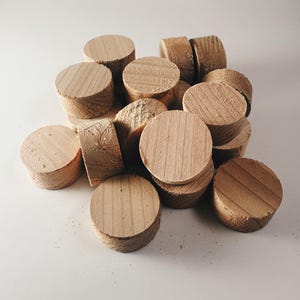 May include: A pile of unfinished wooden plugs. The plugs are cylindrical with a flat top and bottom, and the wood grain is visible on the top surfaces. The color is a light, natural wood tone.