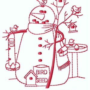 May include: A red embroidered design of a snowman wearing a scarf and next to a bird feeder. The snowman is standing next to a tree with birdhouses and a bird bath. The text "MARCH" and "BIRD SEED" are also included in the design.