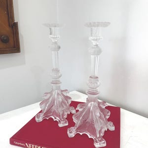 Rare Signed Pair of Val Saint Lambert Frosted Glass &quot;Griffon&quot; Candlestick Holders