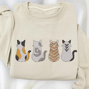 Cute Cats Embroidered Sweatshirt, Cozy Cat Lover Crewneck, Minimalist Feline Pullover, Embroidered Kitty Sweater, Cat Mom Fall Outfit
