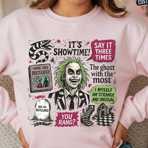 Beetlejuice Inspired Halloween Sweatshirt, Strange and Unusual Retro Crewneck, It’s Showtime Spooky Movie Pullover, Cozy Horror Top