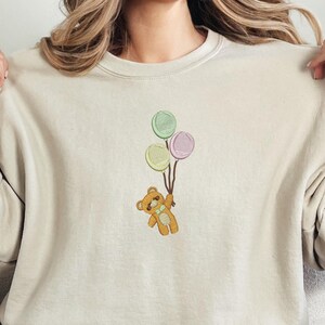 Embroidered Teddy Bear Sweatshirt, Teddy Bear with Balloons Hoodie, Teddy Bear Jumper, Cozy Gift for Him and Her, Adorable Bear Design Shirt