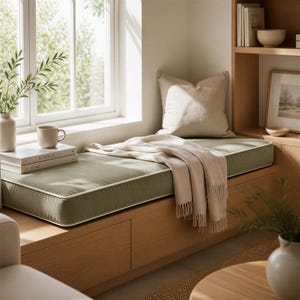 May include: A sage green window seat cushion with white piping, topped with a beige throw blanket and a matching square pillow. The cushion rests on a light wood built-in bench with drawers, positioned beneath a window with natural light.