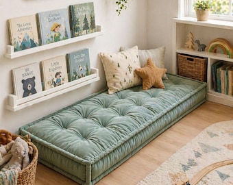 Custom Velvet Floor Cushion for Kids Room, Montessori Style Reading Nook Mat, Tufted Playroom Floor Pillow, Nursery Seat Cushion