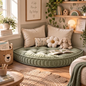 May include: A large, round, sage green tufted floor cushion sits in a corner, topped with two beige rectangular pillows, a small floral lumbar pillow, a white daisy-shaped pillow, and a plush tan bunny toy, with an open book resting on top.