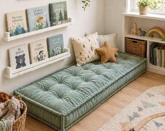 Custom Velvet Floor Cushion for Kids Room, Montessori Style Reading Nook Mat, Tufted Playroom Floor Pillow, Nursery Seat Cushion