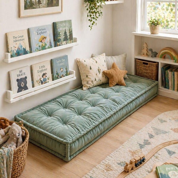 Custom Velvet Floor Cushion for Kids Room, Montessori Style Reading Nook Mat, Tufted Playroom Floor Pillow, Nursery Seat Cushion