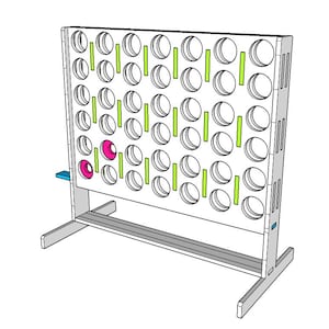 May include: A white wooden freestanding game with a grid of 42 round holes and 9 vertical slots. The holes are arranged in 7 rows and 6 columns. Some of the holes have pink and green discs in them.