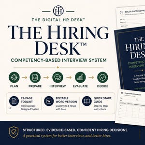 May include: The Hiring Desk competency-based interview system toolkit includes a dark blue manual and multiple white printed forms for hiring processes. Features include a 22-page toolkit, editable Word version, and a quick start guide for structured interviews.