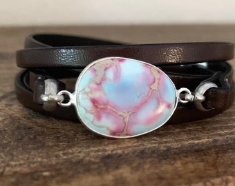 Leather Custom Bracelet with Jasper Accent for Women - Handmade Boho Wrap Jewelry