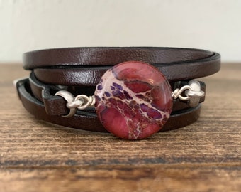 Sea Jaspis Leder Wickelarmband Personalisiert