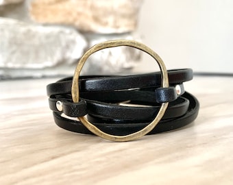 Womens Leather Wrap Bracelet with Hoop Accent and Personalized Charm