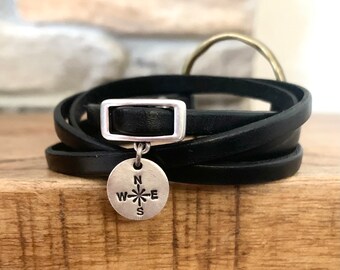 Personalized  Leather Hoop Bracelet with Engraved Charm - Gift For Her