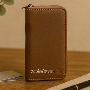 Cartera de cuero personalizada con cremallera, hecha a mano, con 9 ranuras para tarjetas, compartimento para teléfono, dos compartimentos para efectivo, diseño duradero, regalo unisex perfecto para uso diario.