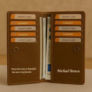 Cartera de cuero personalizada con cierre magnético, 14 ranuras para tarjetas, grabado de nombre personalizado, calidad duradera y artesanal, regalo perfecto para él.
