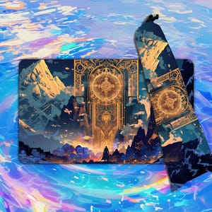 Könnte beinhalten: Ein rechteckiges Mauspad und ein Lesezeichen mit einem Fantasy-Landschaftsdesign. Das Kunstwerk zeigt eine Bergkette, eine große goldene Struktur und eine Silhouette. Die Farbpalette umfasst Blau-, Gold- und Orangetöne.