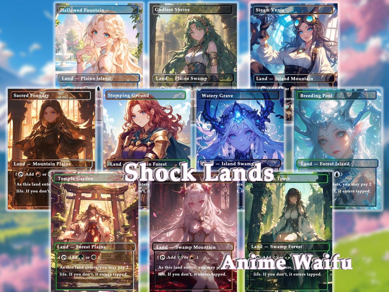 Pu&ograve; includere: Una collezione di nove carte da gioco a tema fantasy con illustrazioni in stile anime di donne. Le carte sono intitolate "Shock Lands" e "Anime Waifu".