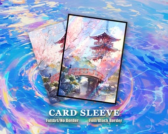 May include: Card sleeves featuring a Japanese-style illustration of a pagoda, bridge, and cherry blossoms. The artwork is in shades of pink, red, and blue, with a black border option. The text "CARD SLEEVE" is displayed at the bottom.