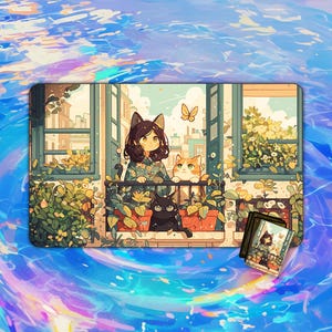 TCG Playmat |  Girl and Two Cats Playmat | MTG Accessory | Playmat | Custom Playmat