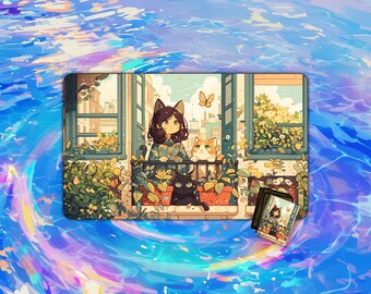 TCG Playmat |  Girl and Two Cats Playmat |  24"x14" | Playmat | Custom Playmat