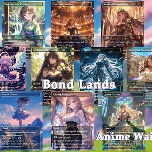 Pu&ograve; includere: Nove carte illustrate di Magic: The Gathering con donne in stile anime. Le carte sono carte terra con il testo "Bond Lands" e "Anime Waifu" stampato su di esse.