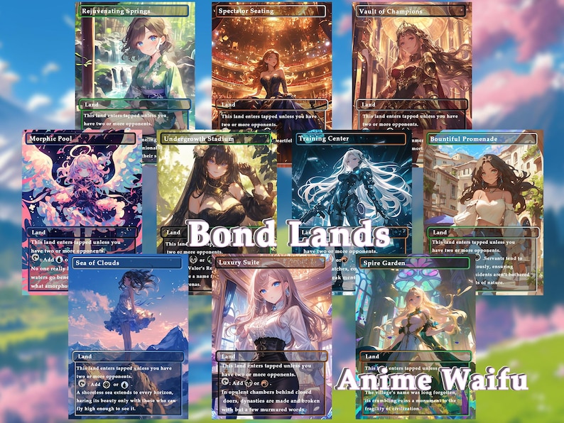 Pu&ograve; includere: Nove carte illustrate di Magic: The Gathering con donne in stile anime. Le carte sono carte terra con il testo "Bond Lands" e "Anime Waifu" stampato su di esse.