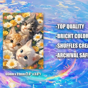 May include: A rectangular print showing three kittens surrounded by white and yellow flowers. The print measures 66mm x 91mm (2.6" x 3.6"). Text on the print reads "TOP QUALITY", "BRICHT COLORS", "SHUFFLES CREA", and "ARCHIVAL SAFE".