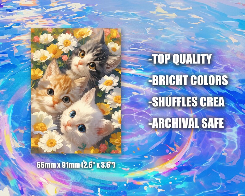 May include: A rectangular print showing three kittens surrounded by white and yellow flowers. The print measures 66mm x 91mm (2.6" x 3.6"). Text on the print reads "TOP QUALITY", "BRICHT COLORS", "SHUFFLES CREA", and "ARCHIVAL SAFE".