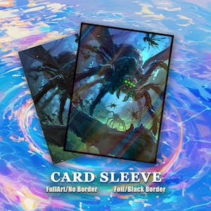 May include: Two card sleeves featuring a detailed illustration of a large spider with glowing green eyes and smaller insects. The sleeves have a dark, fantasy-themed design with the text "CARD SLEEVE" and "FullArt/No Border" and "Foil/Black Border". The background has a blue and purple swirling pattern.