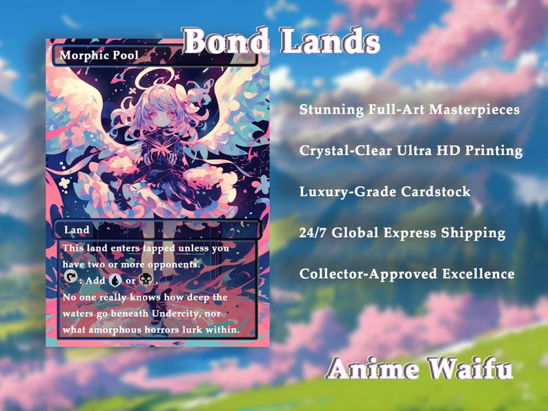 Pu&ograve; includere: Una carta di Magic: The Gathering con un'illustrazione blu, rosa e viola di una ragazza con le ali. La carta &egrave; intitolata "Morphic Pool" e contiene il testo "This land enters tapped unless you have two or more opponents. Add or . No one really knows how deep the waters go beneath Undercity, nor what amorphous horrors lurk within."