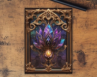 May include: A decorative book cover with a gold ornate frame and a stained glass design of a purple and blue lotus flower.