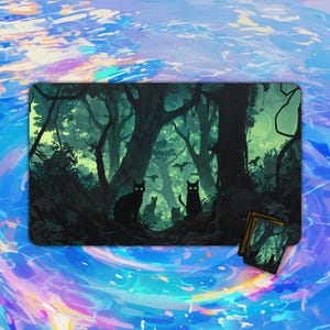 TCG Playmat |  Cat Traces in the Forest Night Playmat |  24&quot;x14&quot; | Playmat | Custom Playmat