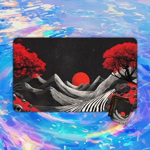 TCG Playmat |  Red Sun Over Layered Peaks Playmat | MTG Accessory | Playmat | Custom Playmat