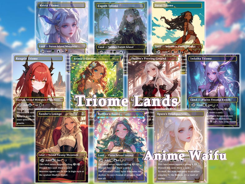Pu&ograve; includere: Un set di nove carte da gioco illustrate con donne in stile anime. Ogni carta ha un design unico e presenta il testo "Triome Lands" e "Anime Waifu".