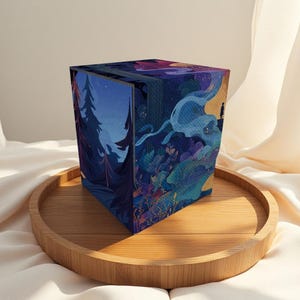 Op de afbeelding: Een kubusvormig decoratief item met een fantasielandschapontwerp. Het kunstwerk toont een donkerblauwe nachthemel, silhouetbomen en een mystiek wezen. De kubus staat op een ronde houten dienblad, met een zachte, gebroken witte stof op de achtergrond.