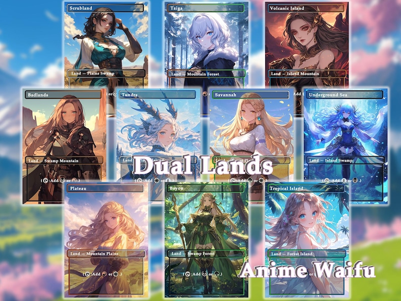 Pu&ograve; includere: Nove carte illustrate di Magic: The Gathering con donne in stile anime. Ogni carta &egrave; una carta di terreno doppia con una diversa combinazione di colori. Le carte sono disposte in una griglia con il testo "Dual Lands" e "Anime Waifu" in basso.
