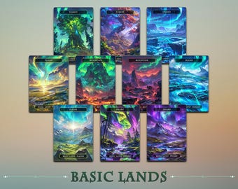 May include: A set of ten Magic: The Gathering cards featuring the basic land types: Plains, Island, Swamp, Mountain, and Forest. Each card has a unique illustration with a colourful aurora borealis in the sky.