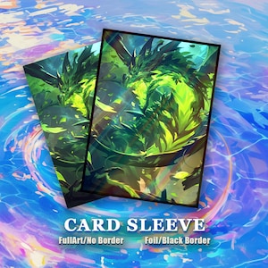 May include: Two card sleeves with a fantasy dragon design in shades of green and yellow. The sleeves have a black border and the text "CARD SLEEVE" at the bottom. The background is a swirling blue and purple pattern.