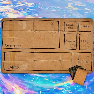 May include: A brown cardboard game mat with black outlines and labelled sections for a card game. The mat has sections labelled "Battlefield", "Lands", "Grave-Yard", "Library", "Commander", "Exile", and "Life". Several game cards are visible.