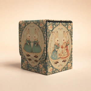 May include: A rectangular storage box featuring a repeating floral pattern in shades of blue and cream. The front and side panels display oval illustrations of two rabbits wearing dresses, standing together against a textured background.