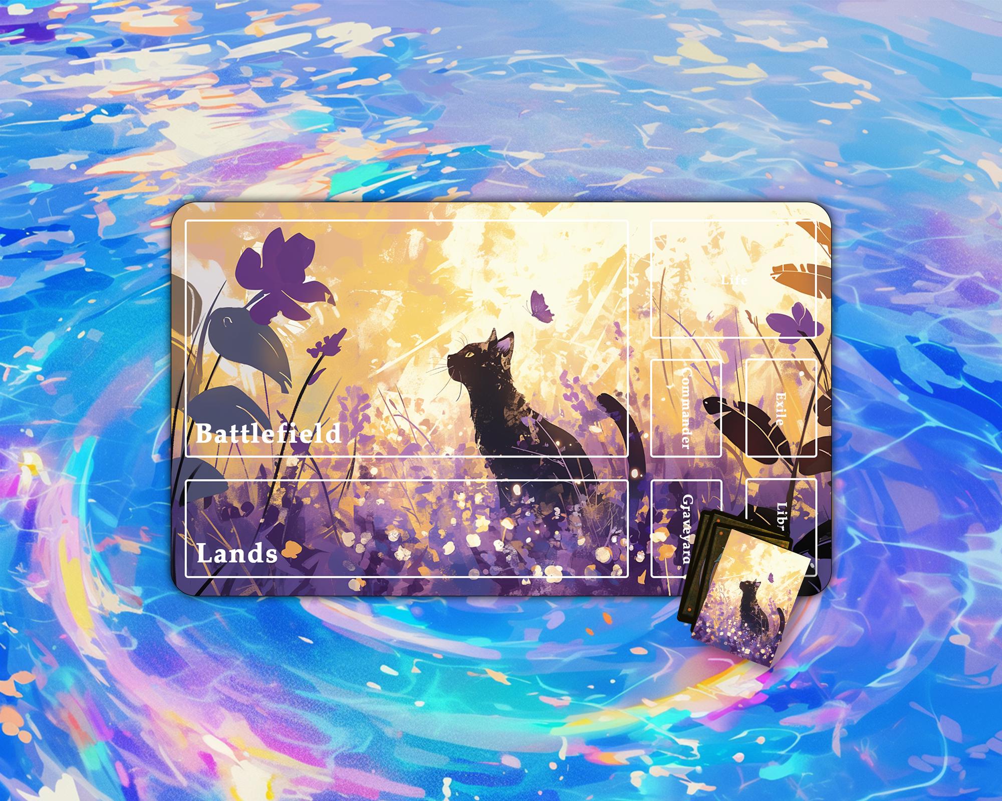 TCGプレイマット | 猫と蝶のプレイマット | 24インチ×14インチ | MTG