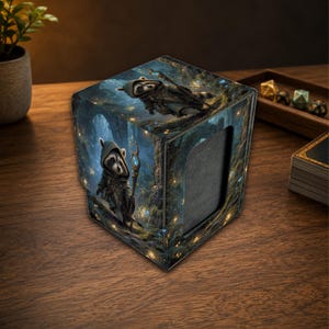 Op de afbeelding: Een vierkante deck box met een bedrukte illustratie van een wasbeer in een cape met capuchon die een gloeiende staf vasthoudt. Het kunstwerk toont een donkere bosrijke omgeving met blauwe lichtaccenten. De box heeft een rechthoekige uitsparing.