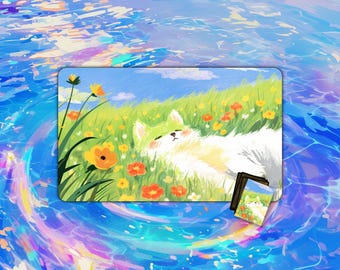 TCG Playmat |  Flower Field Pup Playmat |  24"x14" | Playmat | Custom Playmat