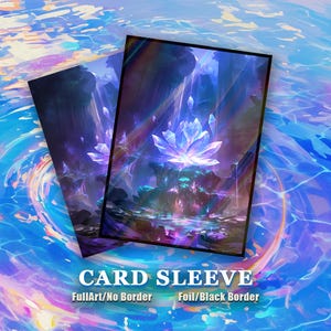 May include: Two rectangular card sleeves featuring a vibrant illustration of a glowing, crystalline lotus flower set within a dark, cavernous environment. The artwork displays shades of purple, blue, and white, with text reading CARD SLEEVE.