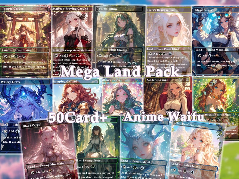 Pu&ograve; includere: Un collage di oltre 50 carte da gioco di stile anime con vari personaggi femminili. Ogni carta &egrave; una carta di terreno con un nome e un'abilit&agrave; unici. Le carte sono disposte in una griglia con un titolo che recita "Mega Land Pack 50Card+ Anime Waifu".