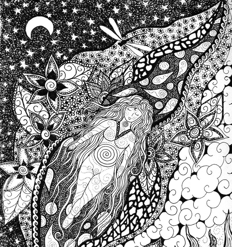 Black and white fabric panel Floating By Cindy Watkins 41cm x41cm Goddess floating in a sea of flowers and dragonflys