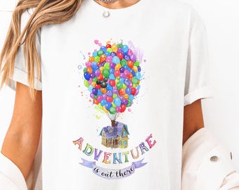 Camisetas Disney Pixar Up, camiseta "La aventura de UP está ahí", acuarela de globos Up, película Disney Up, camiseta acuarela "La aventura de UP está ahí"